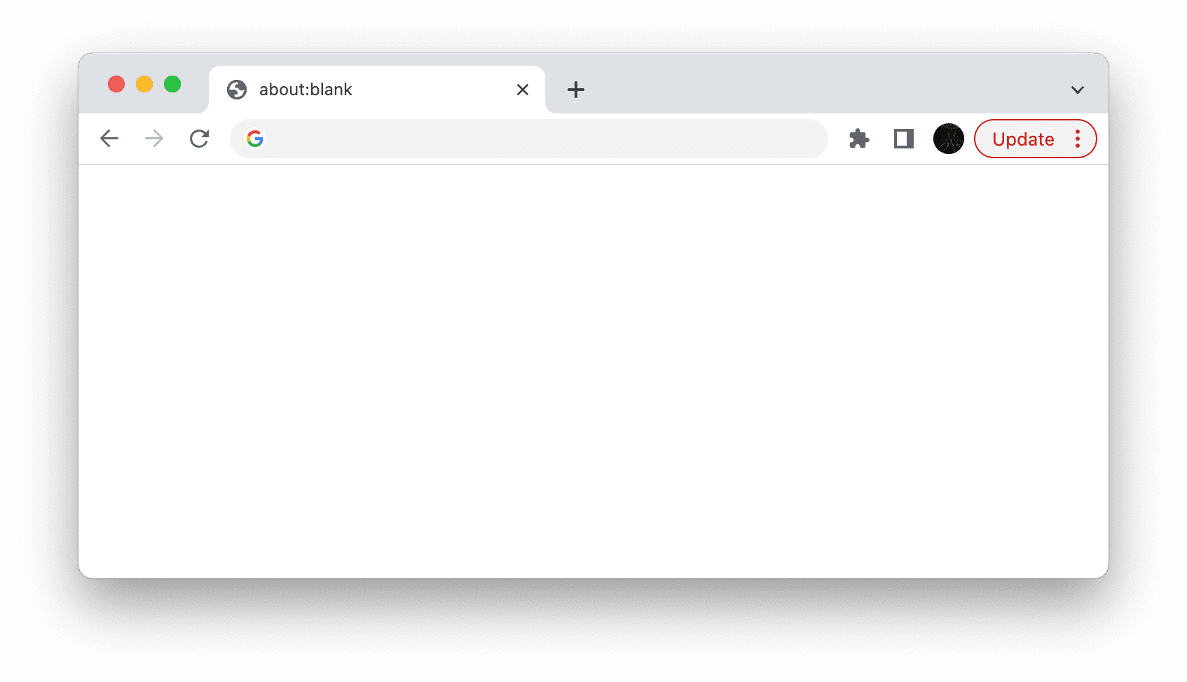 Chrome में बारे में:खाली है, जिसमें लाल रंग का अपडेट करें बटन है.