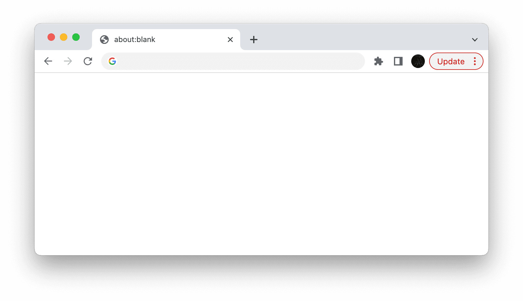 Chrome の about:blank ページに赤い [更新] ボタンが表示されている。