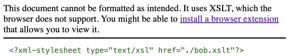 xslt が検出されたときに Chrome に表示されるメッセージ。