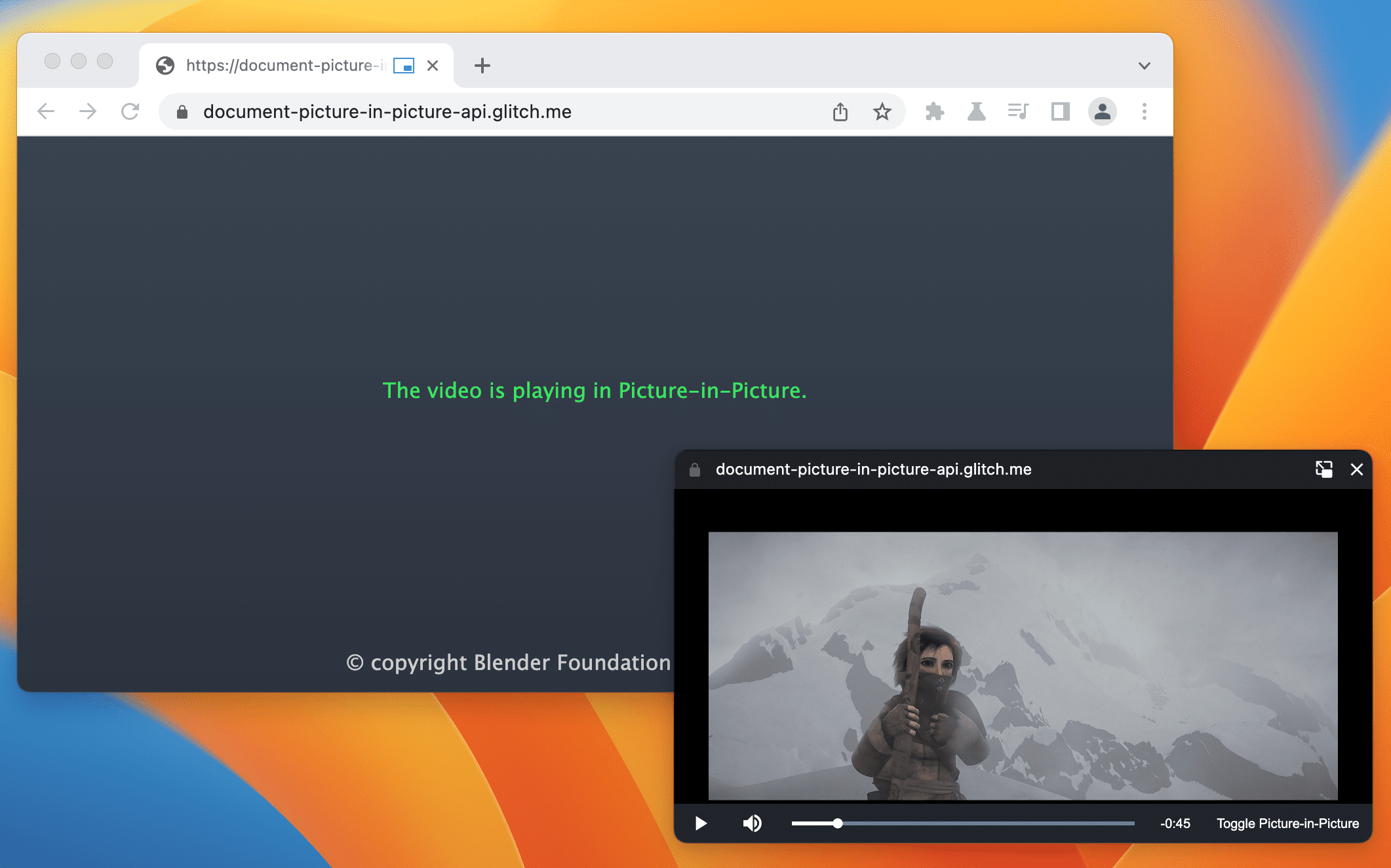 Uma janela picture-in-picture reproduzindo o trailer do vídeo Sintel.