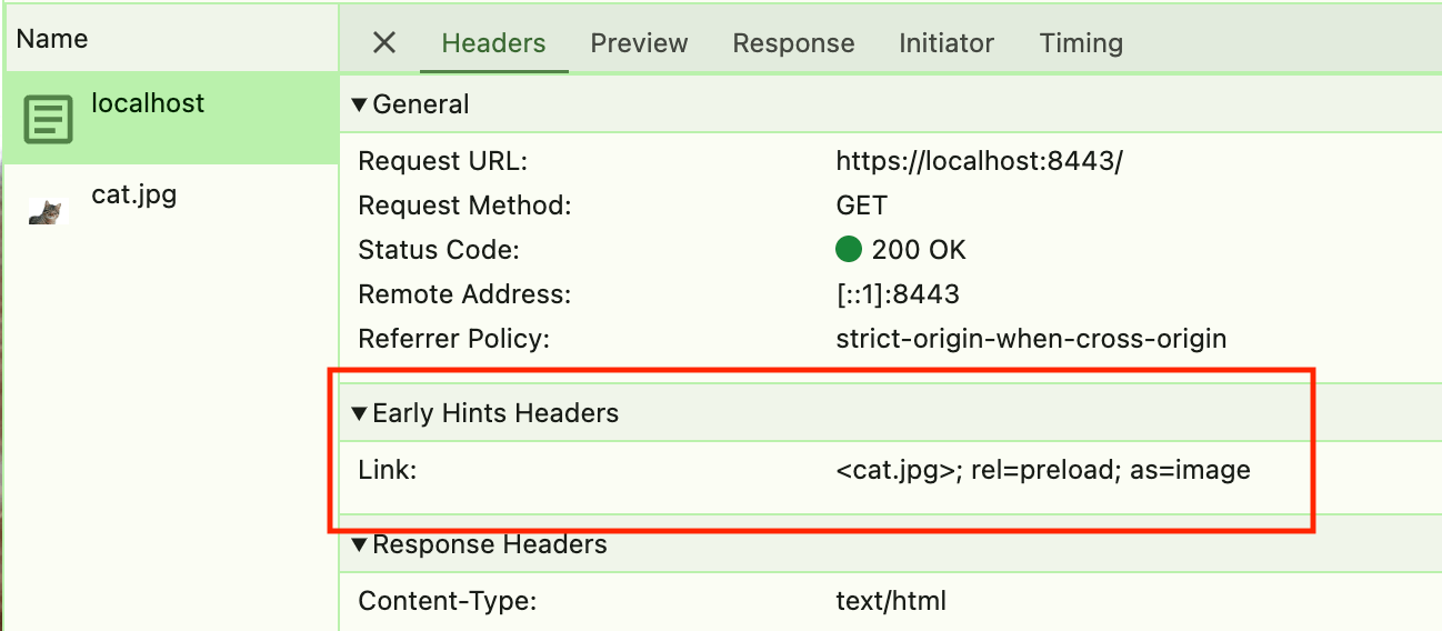 Riquadro Network che mostra le intestazioni Early Hints