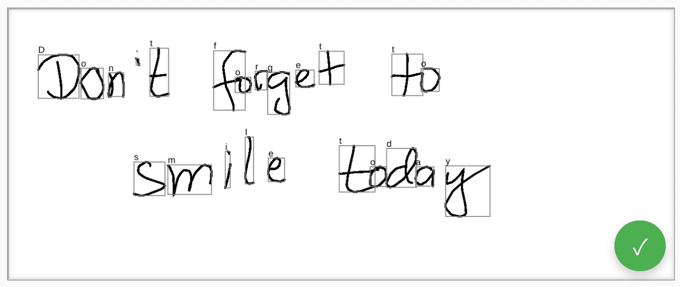 Caixas são desenhadas ao redor de cada grafema reconhecido