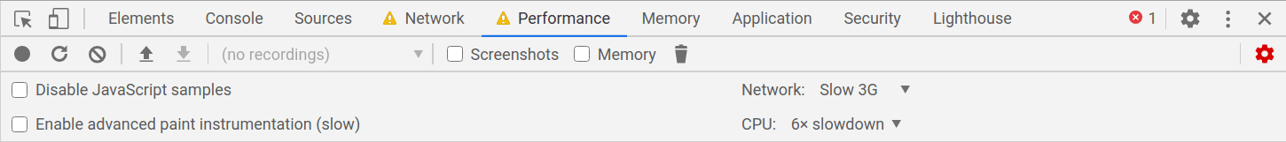 Performance panel capture settings in DevTools with the CPU throttling dropdown selected to simulate lower-powered hardware with a 6x slowdown.