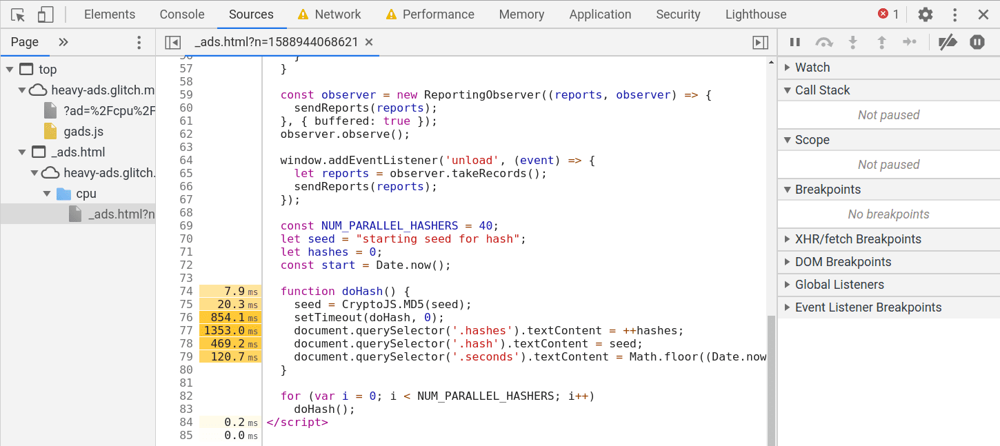 Thời gian thực thi xuất hiện trong bảng điều khiển Nguồn.