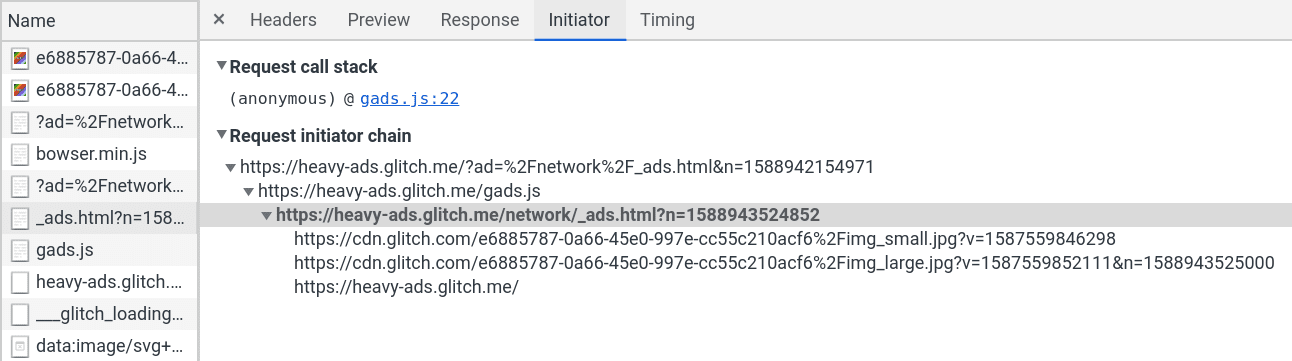 The Initiator tab in DevTools showing the sequence of resource requests triggered by a specific ad frame.