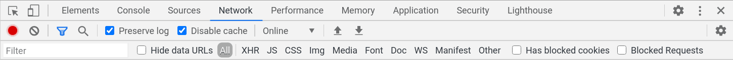 The Network panel in Chrome DevTools showing recorded network activity with the 'Disable cache' option enabled.