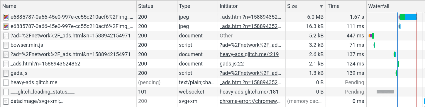 Die Liste im DevTools-Netzwerkbereich ist nach Antwortgröße sortiert. So können Sie große, nicht optimierte Mediendateien erkennen.