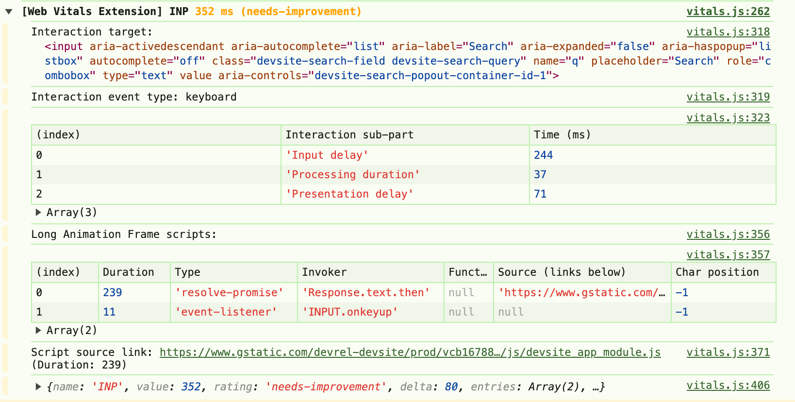 Ведение журнала консоли расширения Web Vitals.