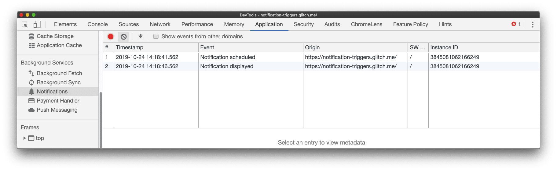 Ein angezeigtes Benachrichtigungsereignis wurde im Bereich „Benachrichtigungen“ der Chrome-Entwicklertools protokolliert.