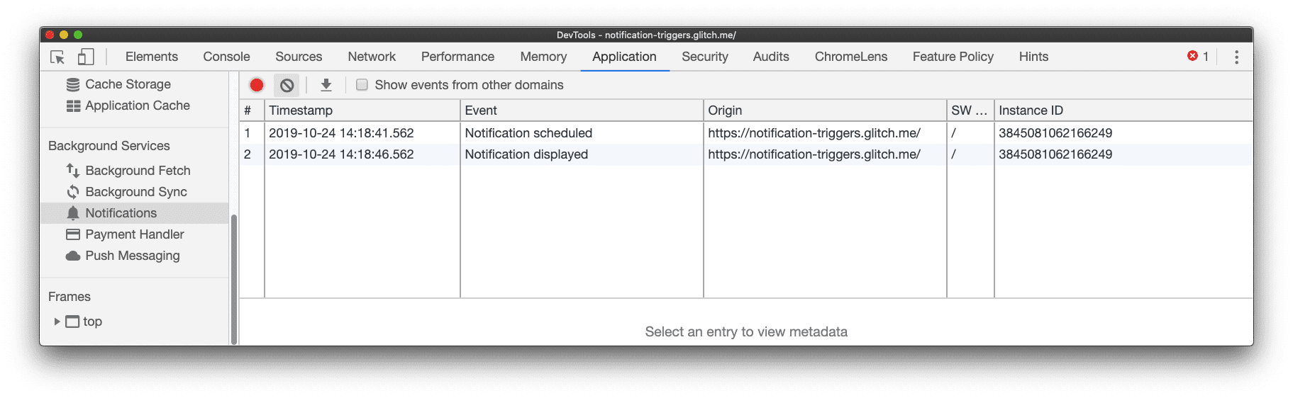 系統已將顯示的通知事件記錄到 Chrome 開發者工具的「通知」窗格。