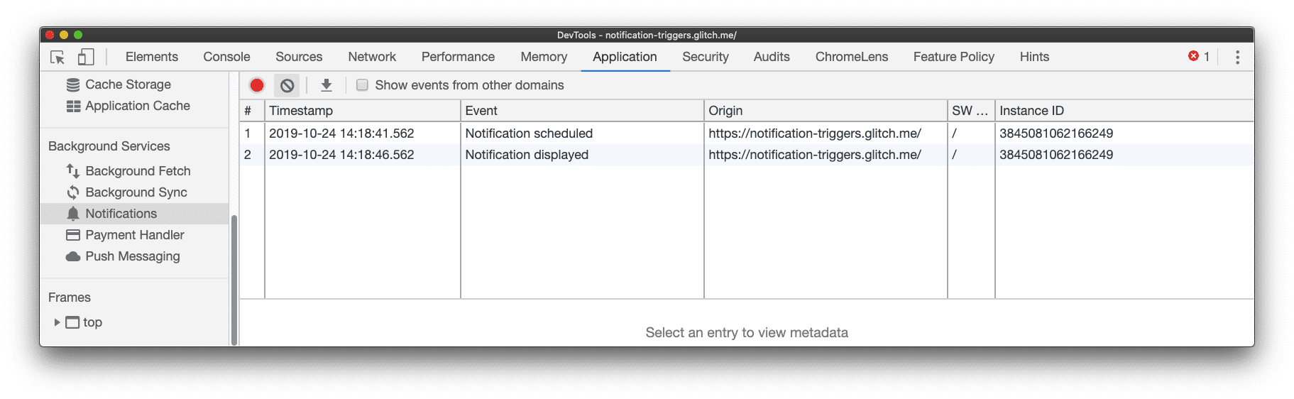 Peristiwa notifikasi yang ditampilkan dicatat ke panel Notifications di Chrome DevTools.