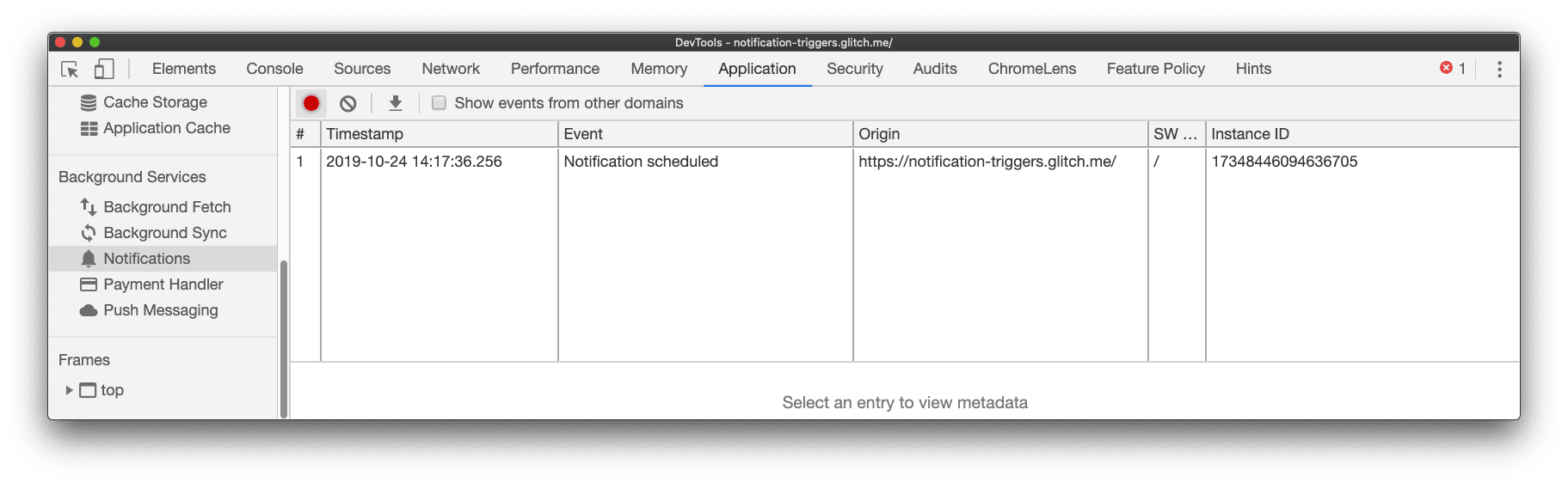 शेड्यूल की गई सूचना का इवेंट, Chrome DevTools के सूचना पैनल में लॉग किया गया था. यह पैनल, ऐप्लिकेशन पैनल में मौजूद होता है.