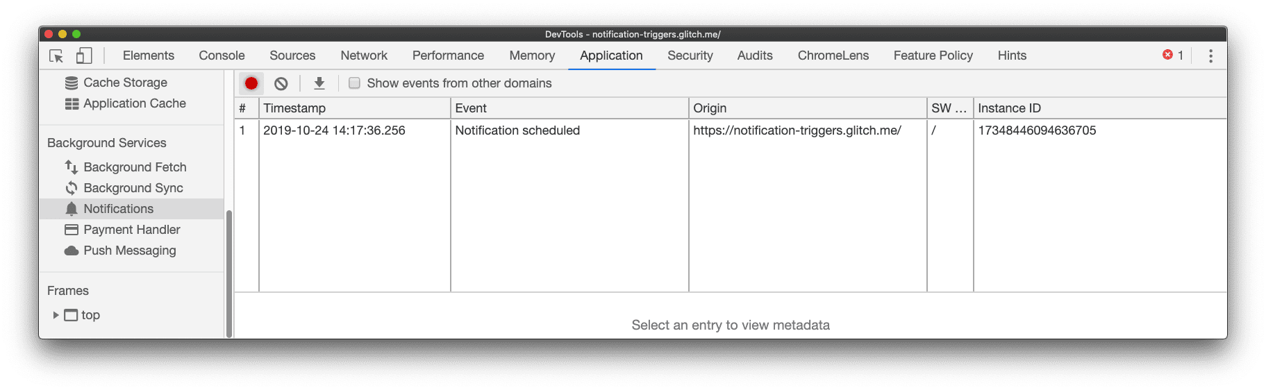 系统已将预定通知事件记录到 Chrome DevTools 的“通知”窗格（位于“应用”面板中）。
