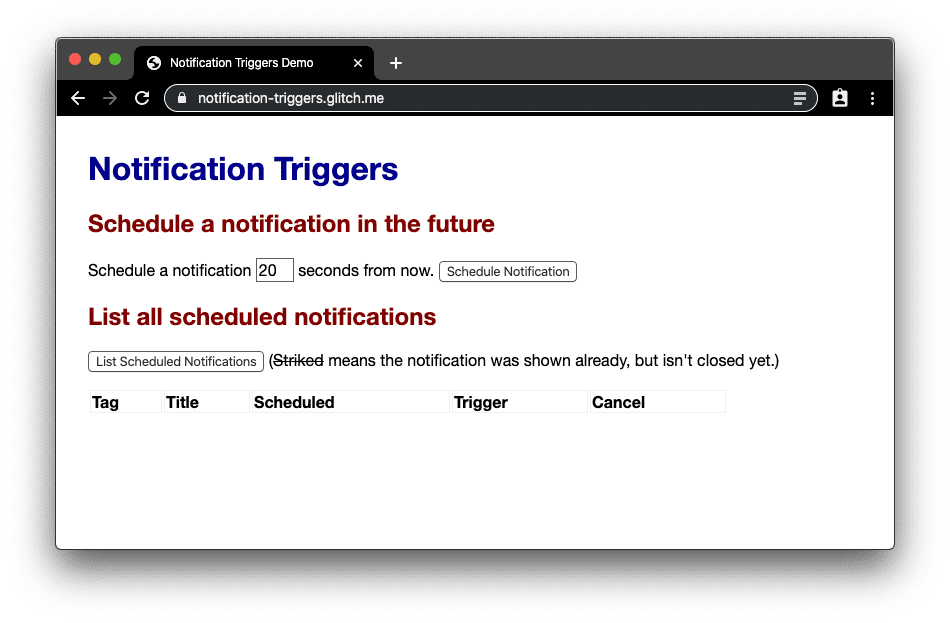 Zrzut ekranu przedstawiający wersję demonstracyjną aplikacji internetowej Notification Triggers.