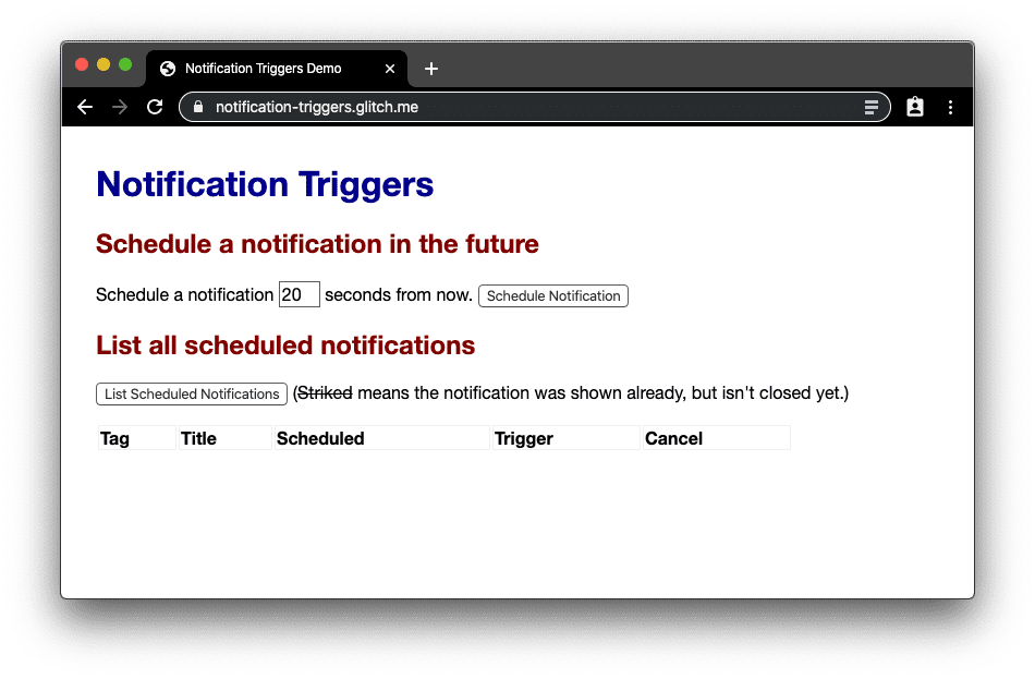 Captura de pantalla de la app web de demostración de los activadores de notificaciones.