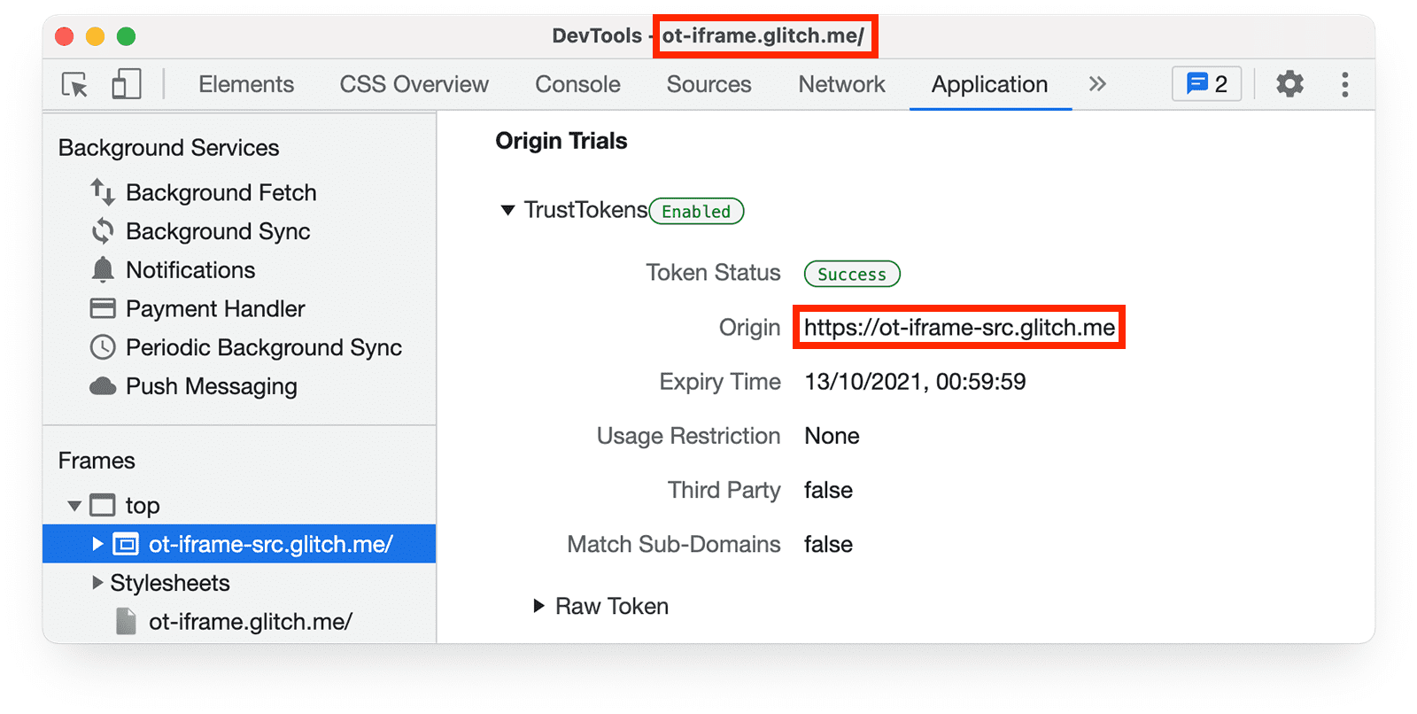 Panel Application de Chrome DevTools, que muestra tokens de prueba de origen para la página en el iframe.