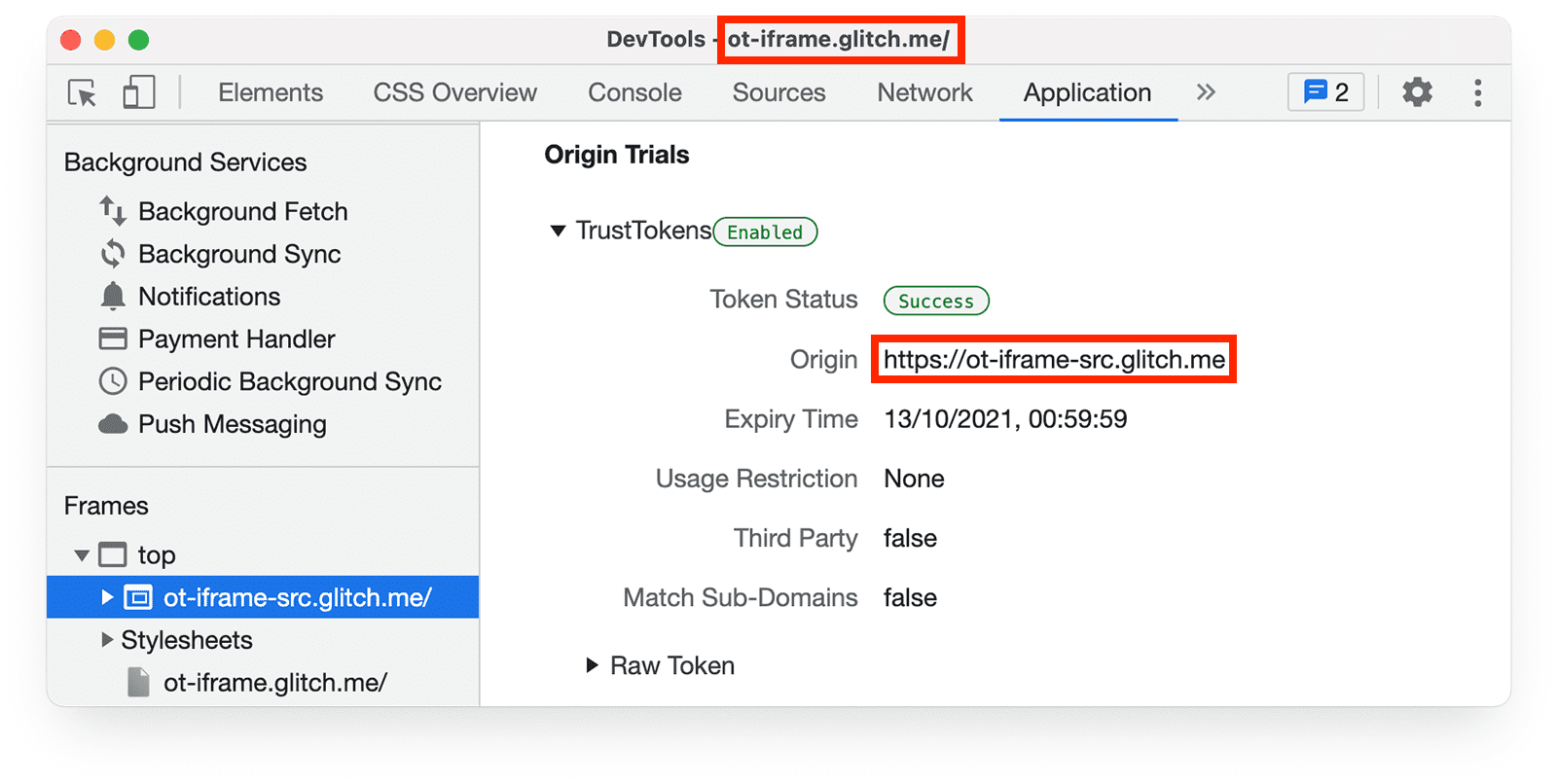 Chrome DevTools 
  Riquadro dell&#39;applicazione che mostra i token di prova dell&#39;origine per la pagina in iframe.