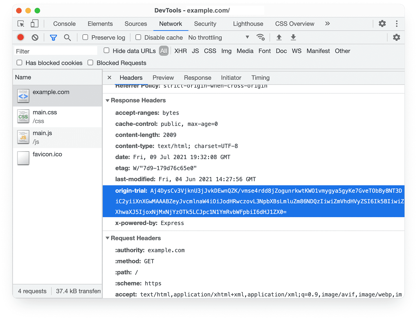 Chrome DevTools 
ऑरिजिन ट्रायल के रिस्पॉन्स हेडर को दिखाने वाला नेटवर्क पैनल.