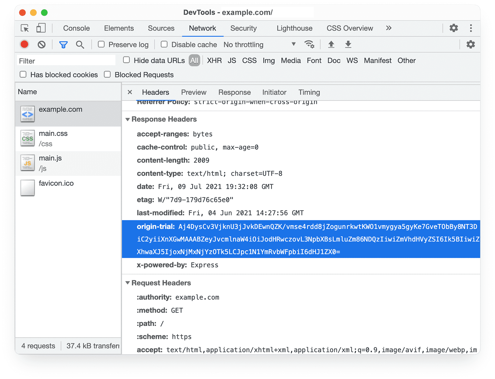 Chrome DevTools 
Riquadro di rete che mostra l&#39;intestazione della risposta delle prove dell&#39;origine.