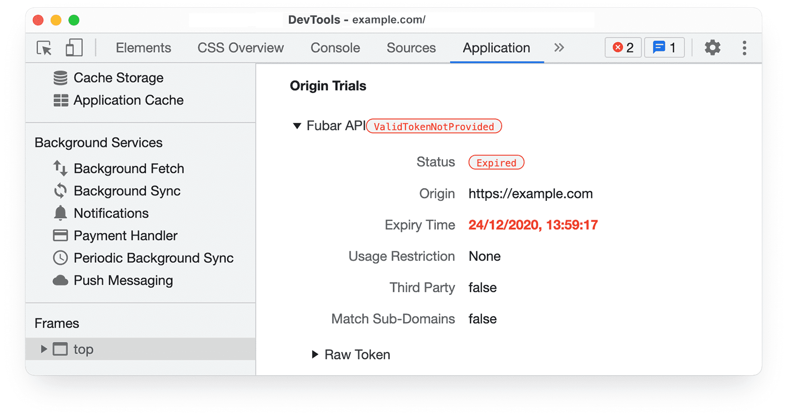 Chrome DevTools
के ऑरिजिन ट्रायल की जानकारी, ऐप्लिकेशन पैनल में मान्य है. इसमें यह जानकारी दिख रही है कि डिसप्ले के तौर पर इसे बनाया गया है या नहीं और इसके स्टेटस की समयसीमा खत्म हो गई है