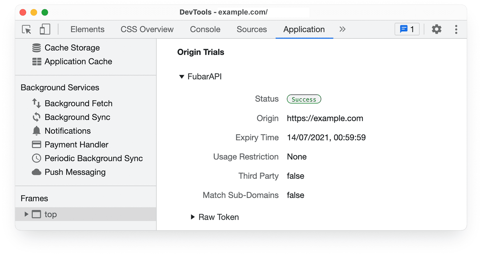 Informatie over de oorsprong van Chrome DevTools-proefversies in het paneel Applicaties.