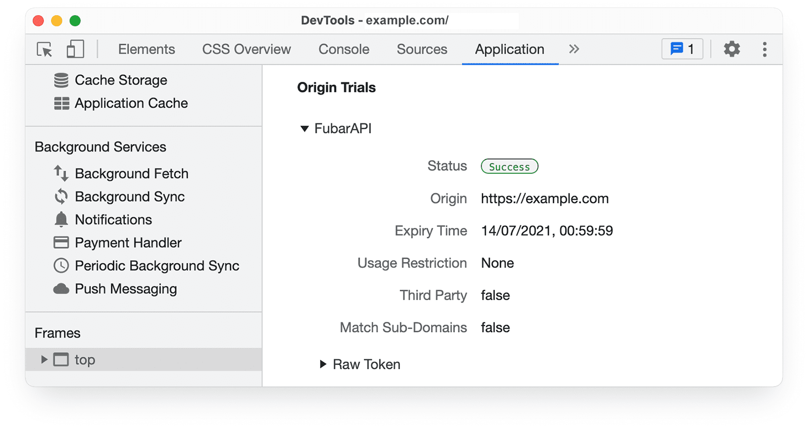 Application 패널에 있는 Chrome DevTools 원본 트라이얼 정보입니다.