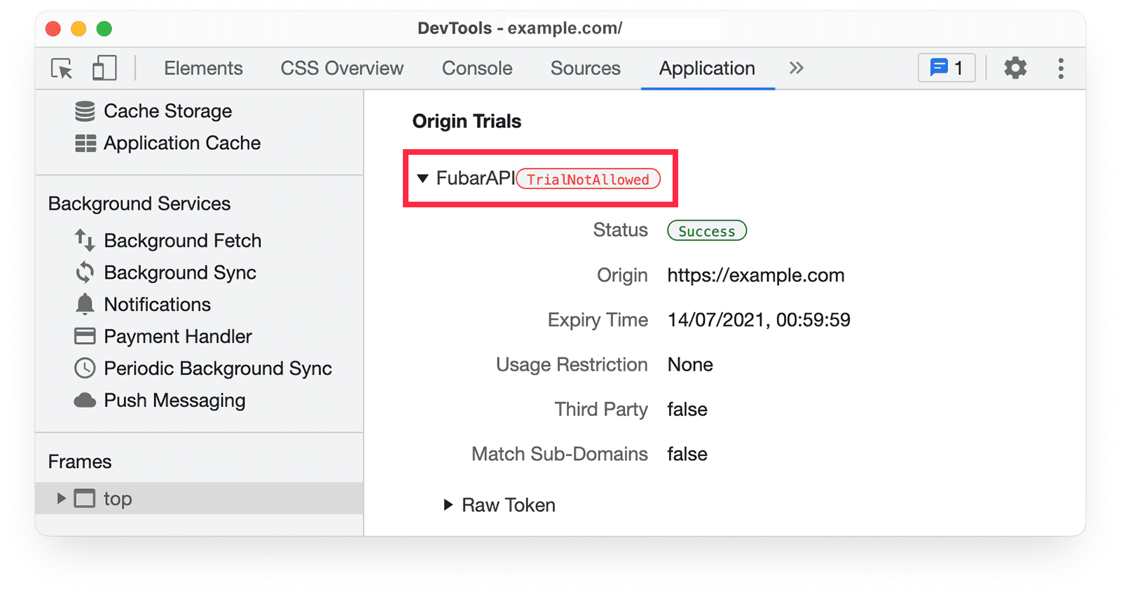 מידע על גרסאות מקור לניסיון ב-Chrome DevTools בחלונית 'אפליקציה', עם האזהרה TrialNotAllowed.