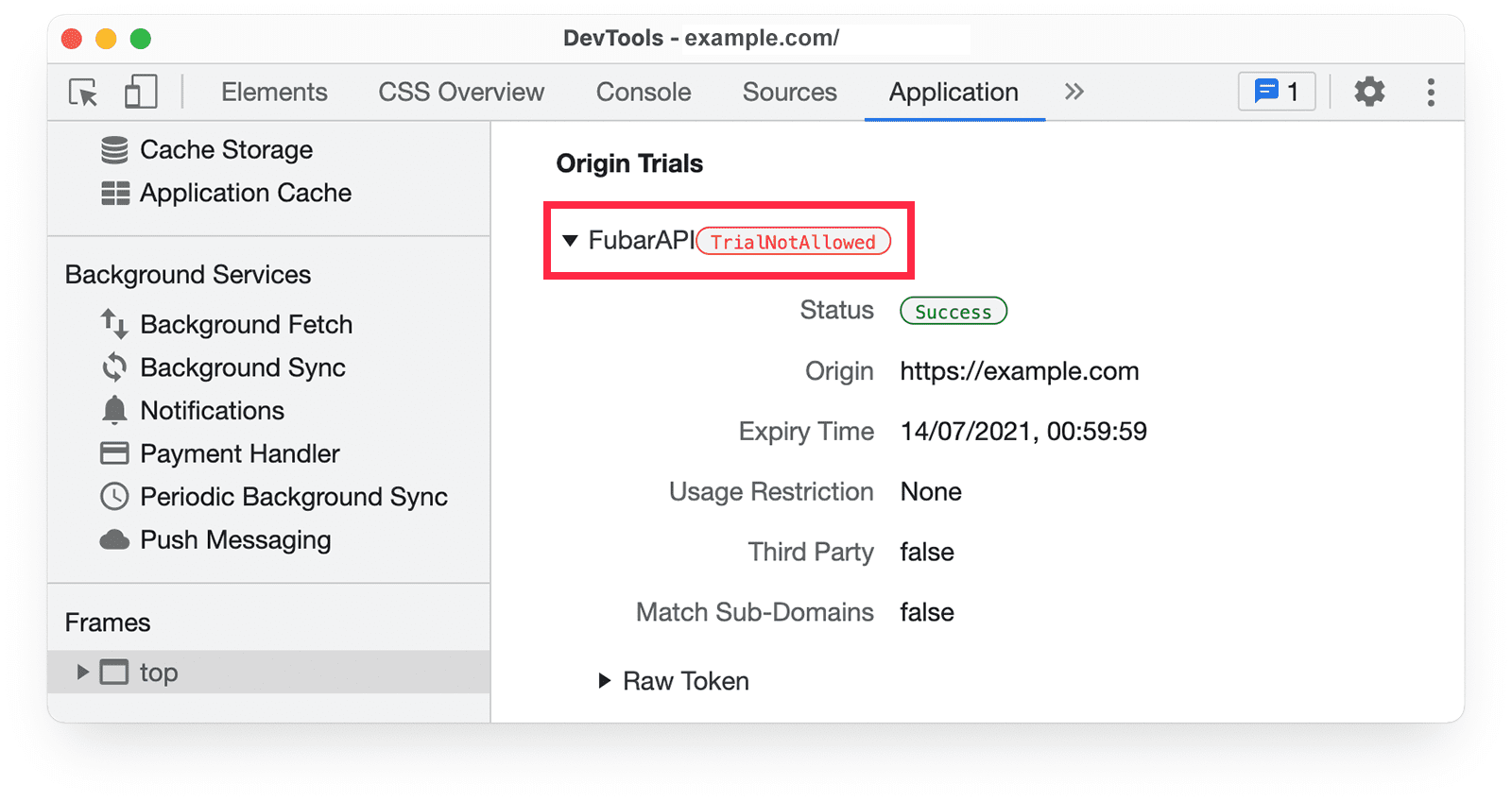 “Applications”面板中显示“TrialNotAllowed”警告的 Chrome DevTools 源试用信息。