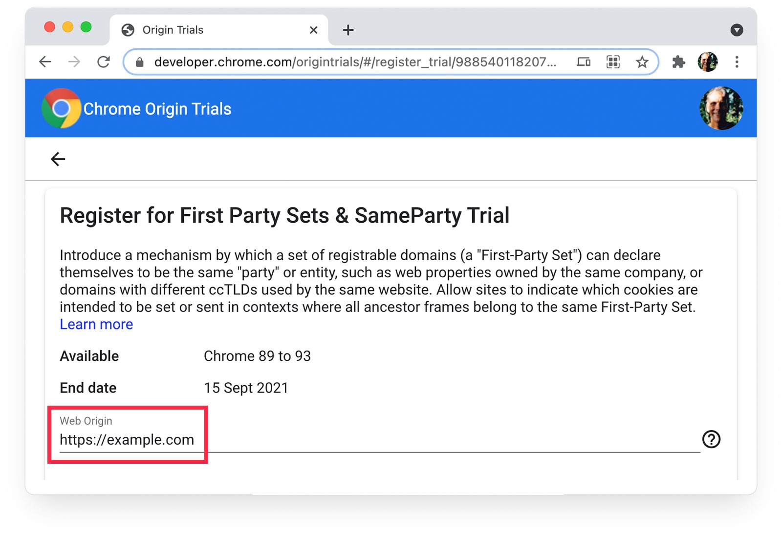 Testes de origem do Chrome 
página mostrando https://example.com selecionado como origem da Web.
