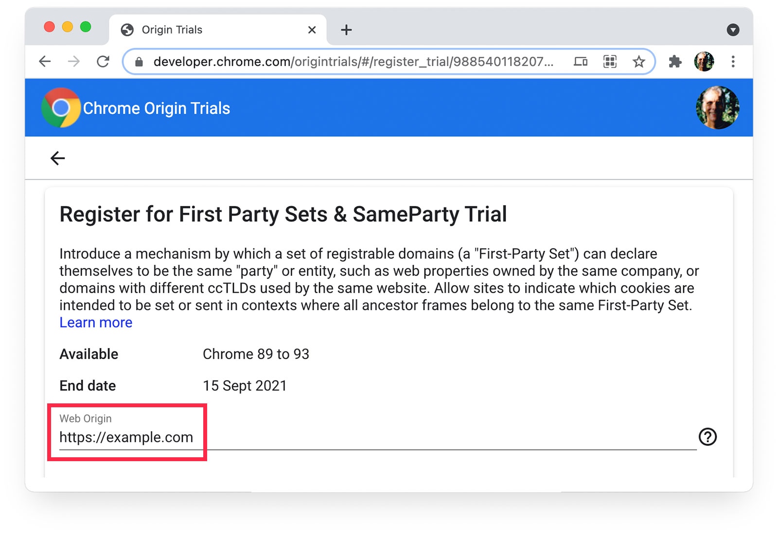 Pagina voor Chrome Origin-proefversies met https://example.com geselecteerd als Web Origin.