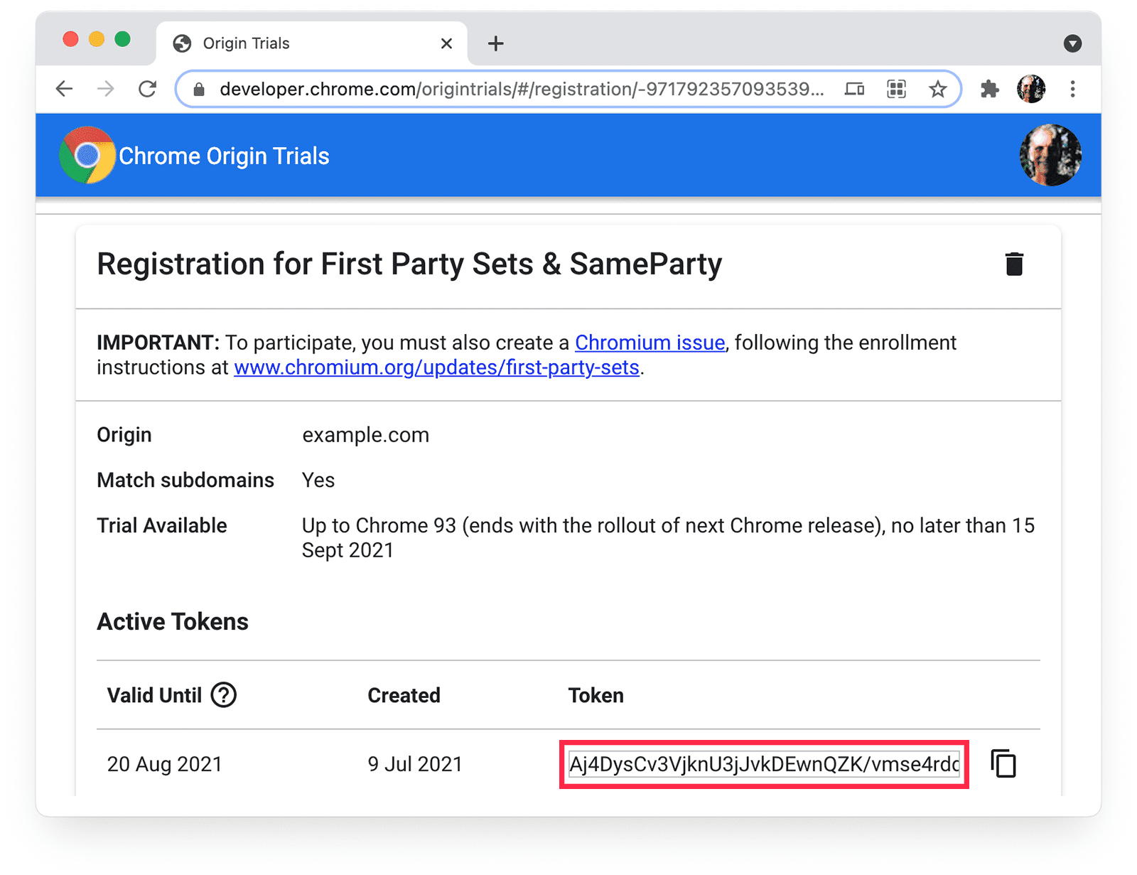 Página "Chrome Origin Trials" mostrando o valor do token.