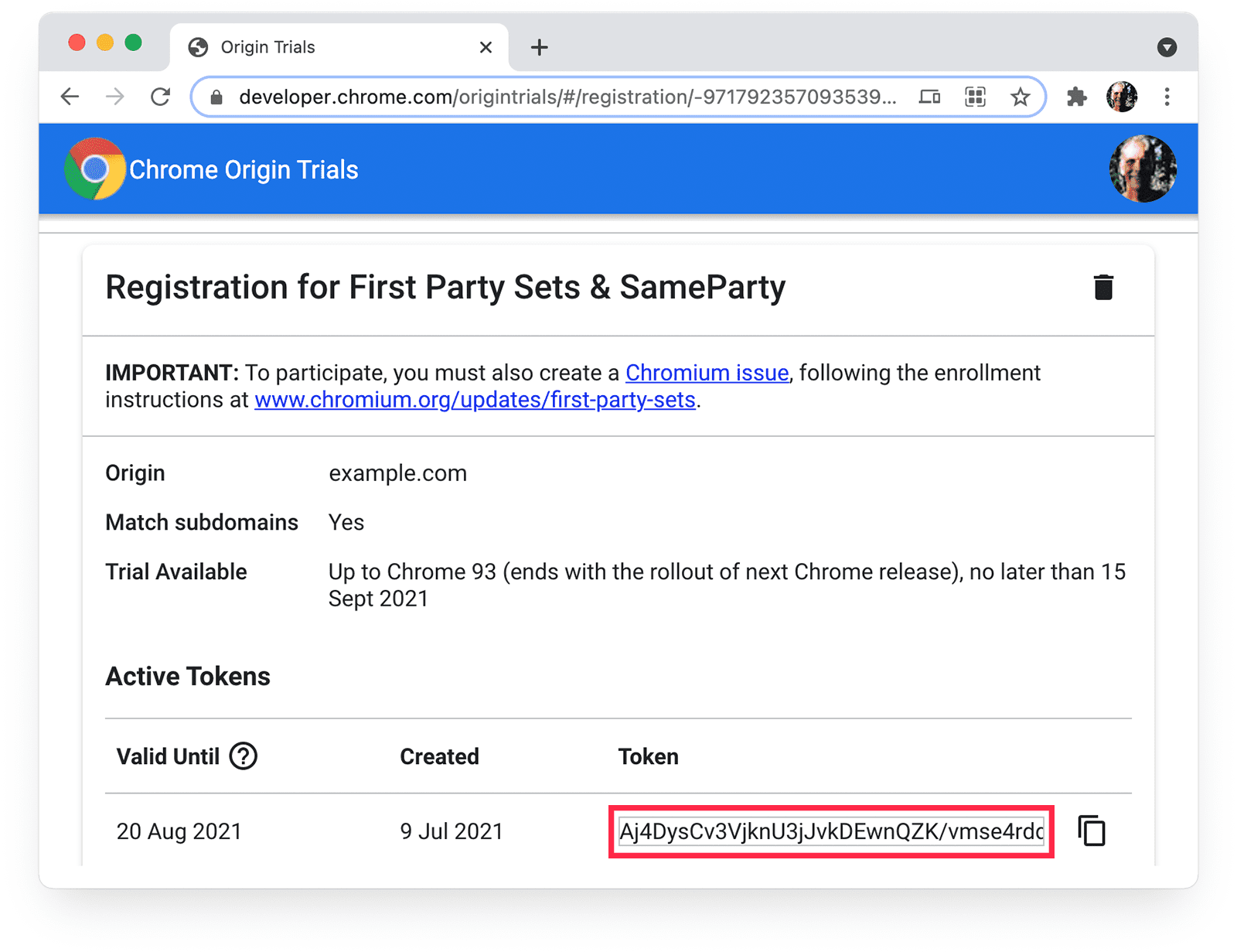 Chrome Origin Trials 
page showing token value.