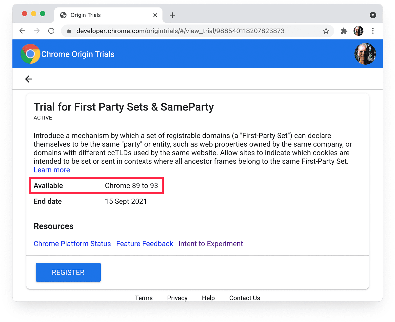 Phases d&#39;évaluation Chrome
pour les ensembles internes et SameParty avec la disponibilité de Chrome mise en évidence