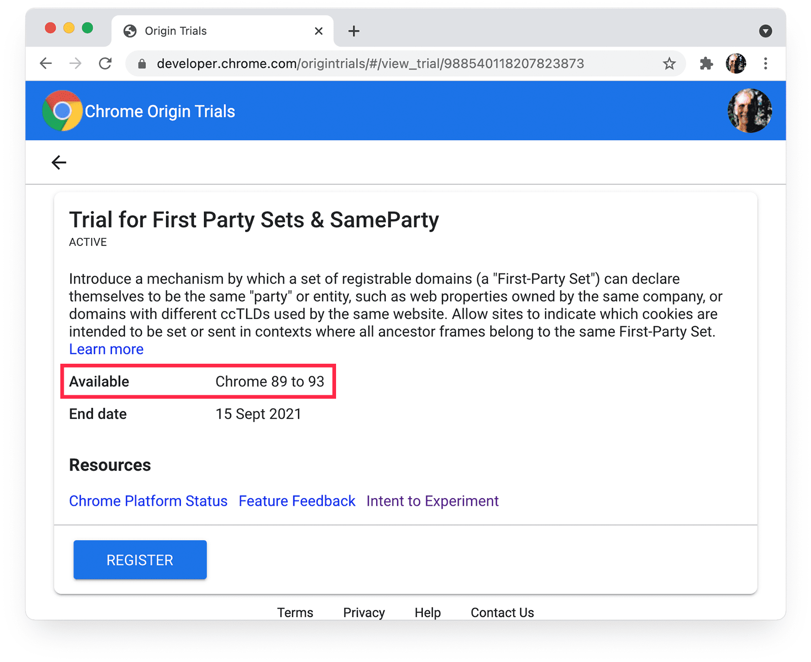 Die Seite „Ursprungstests in Chrome“ für „First Party-Sets“ und „SameParty“, wobei die Chrome-Verfügbarkeit hervorgehoben ist
