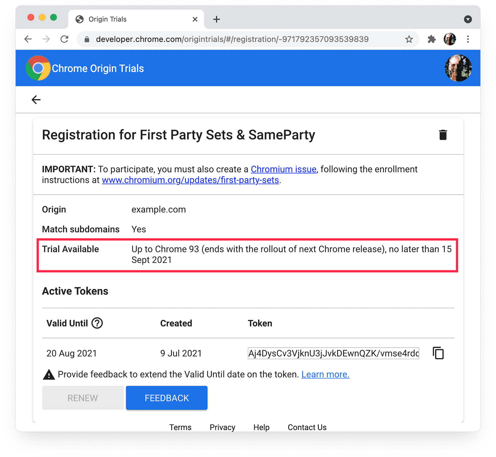 Страница Chrome Origin Trials для First Party Sets и SameParty с выделенными подробностями Trial Available.