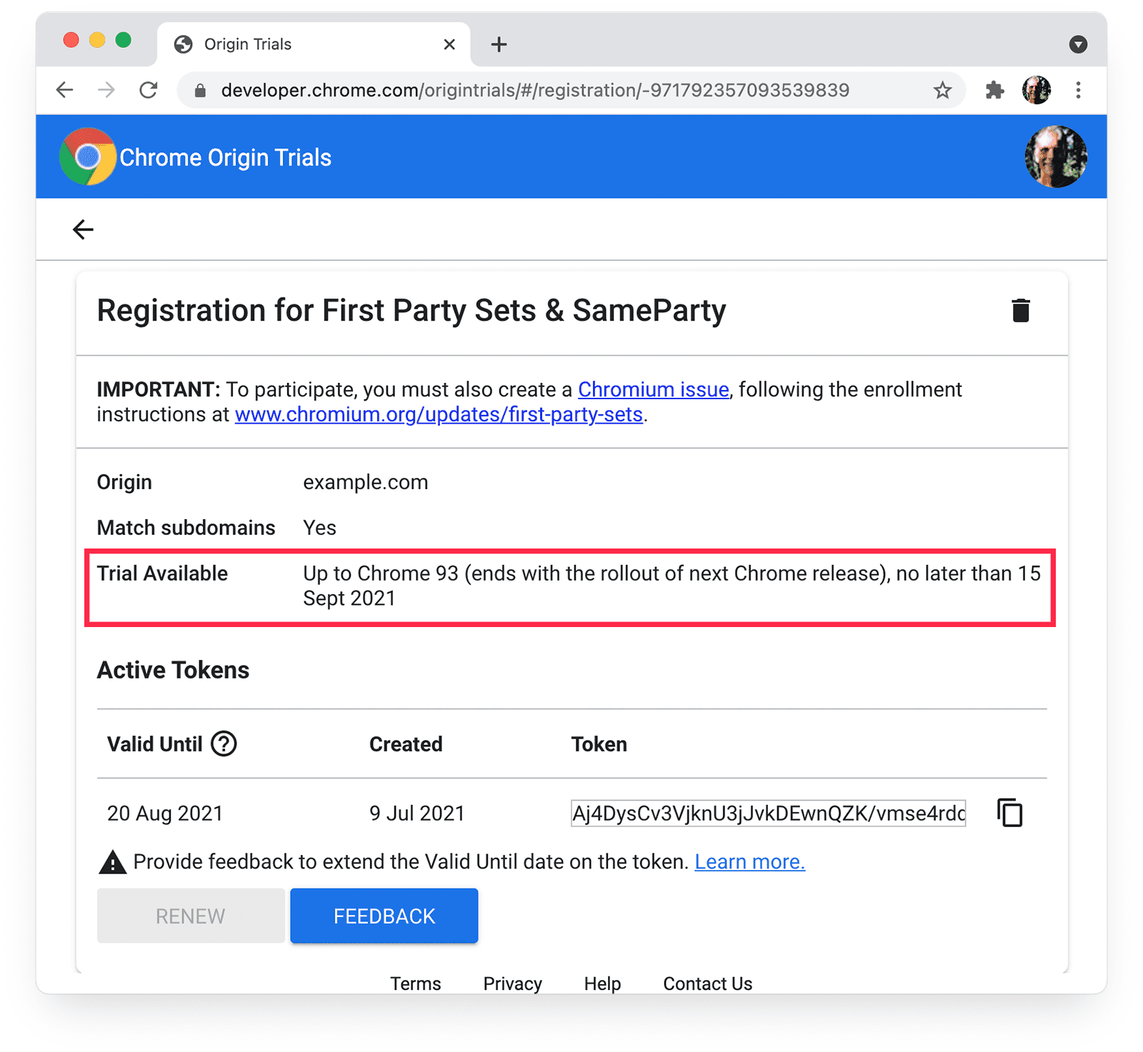 На странице пробных версий Chrome Origin для собственных наборов и SameParty с доступной пробной версией выделена подробная информация.