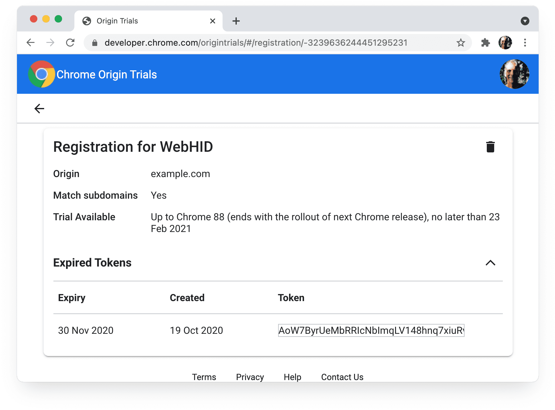 Chrome 源试用
“我的注册”页面，其中显示了已过期的令牌。