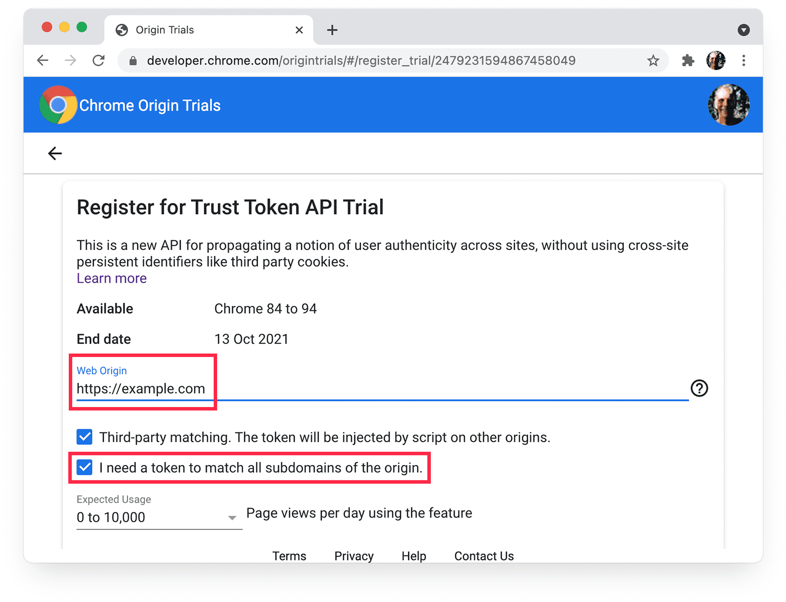 Chrome Origin Trials Registratiepagina toont geselecteerde subdomeinmatching