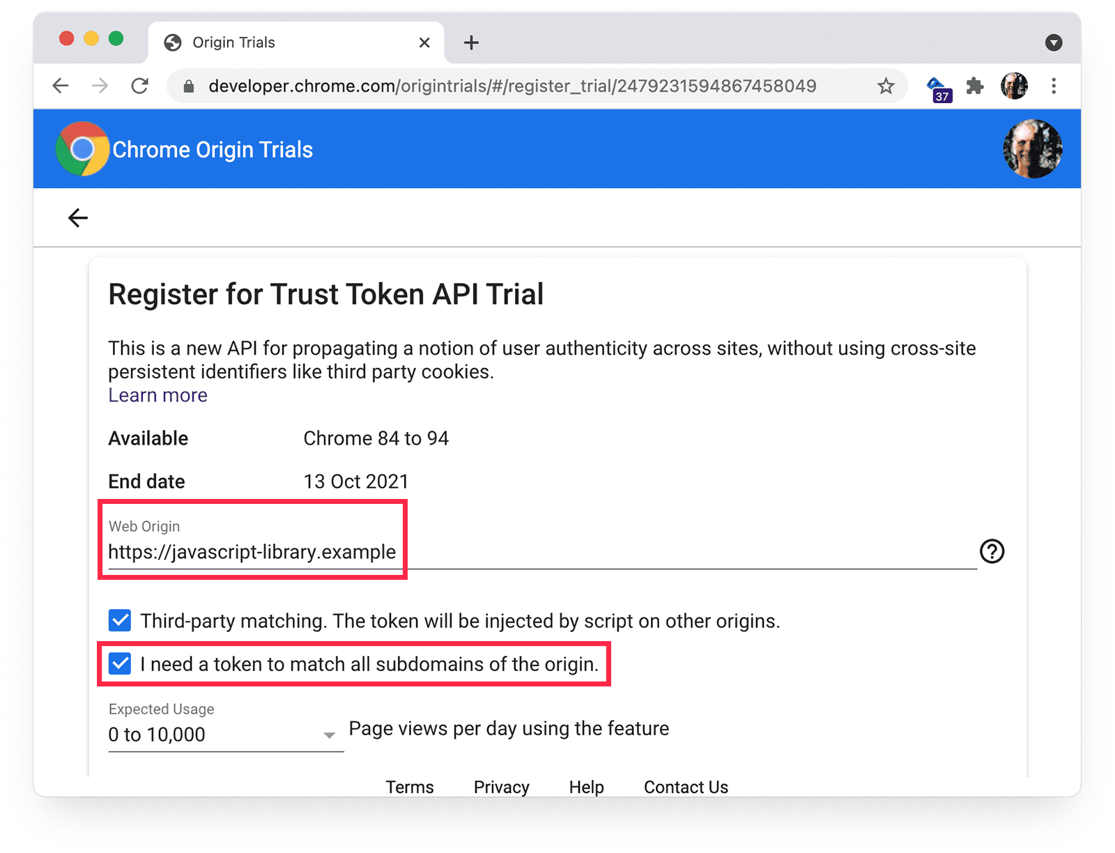 Chrome origin trials 
registration page showing third-party matching and subdomain-matching selected