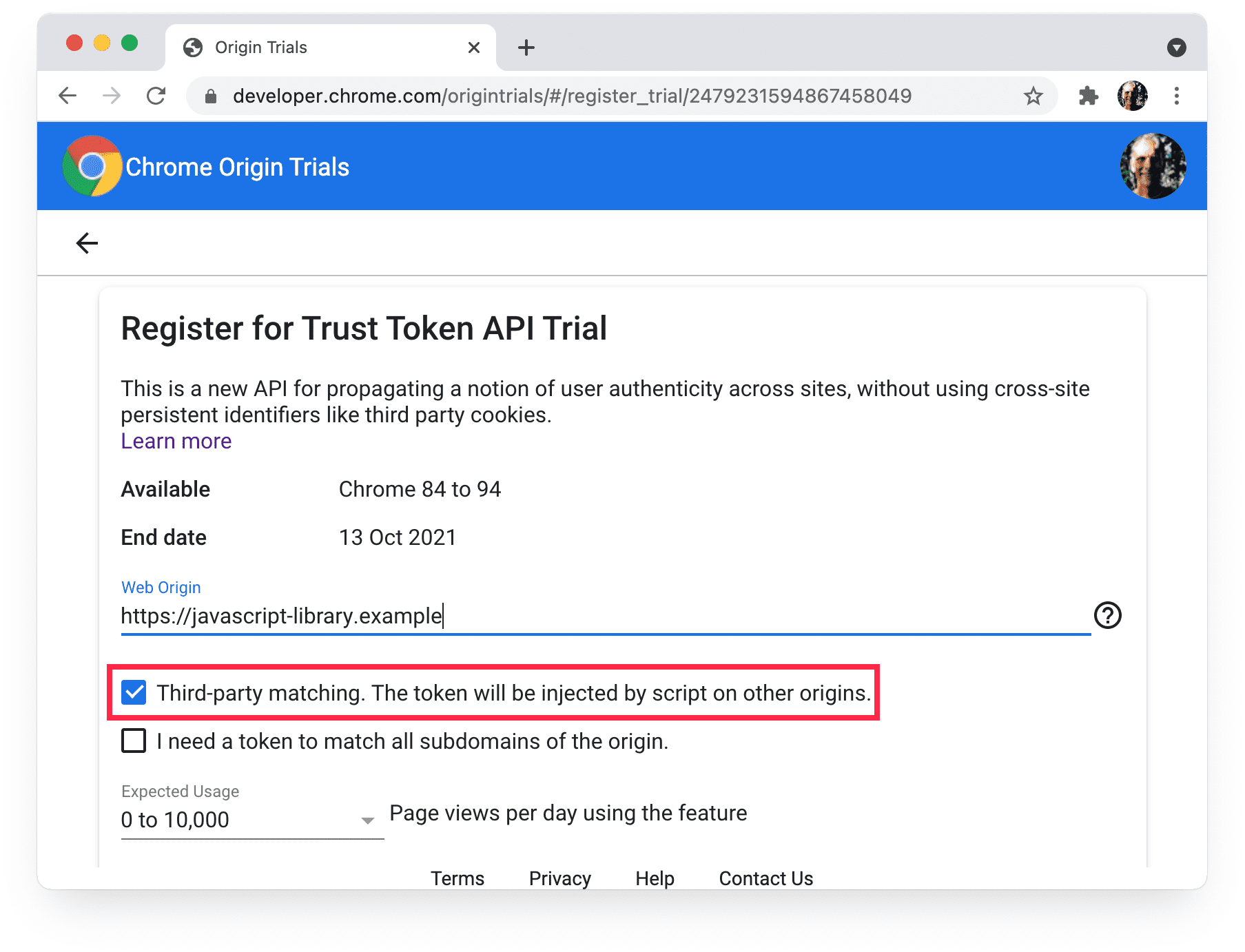 Chrome origin trials 
registration page showing third-party matching selected.