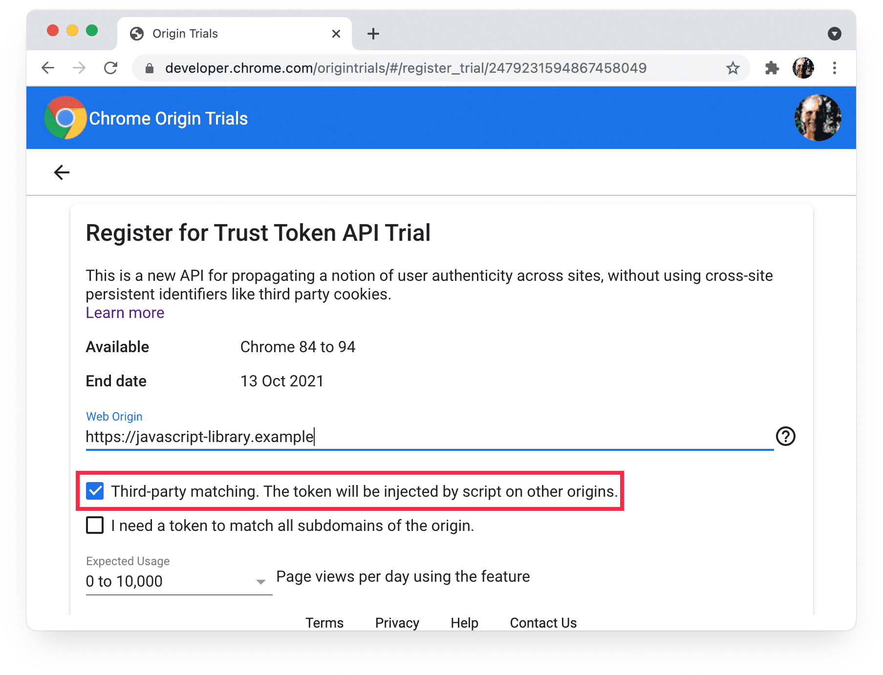 Chrome के ऑरिजिन ट्रायल के रजिस्टरेशन पेज पर, तीसरे पक्ष की मैचिंग को चुना गया है.