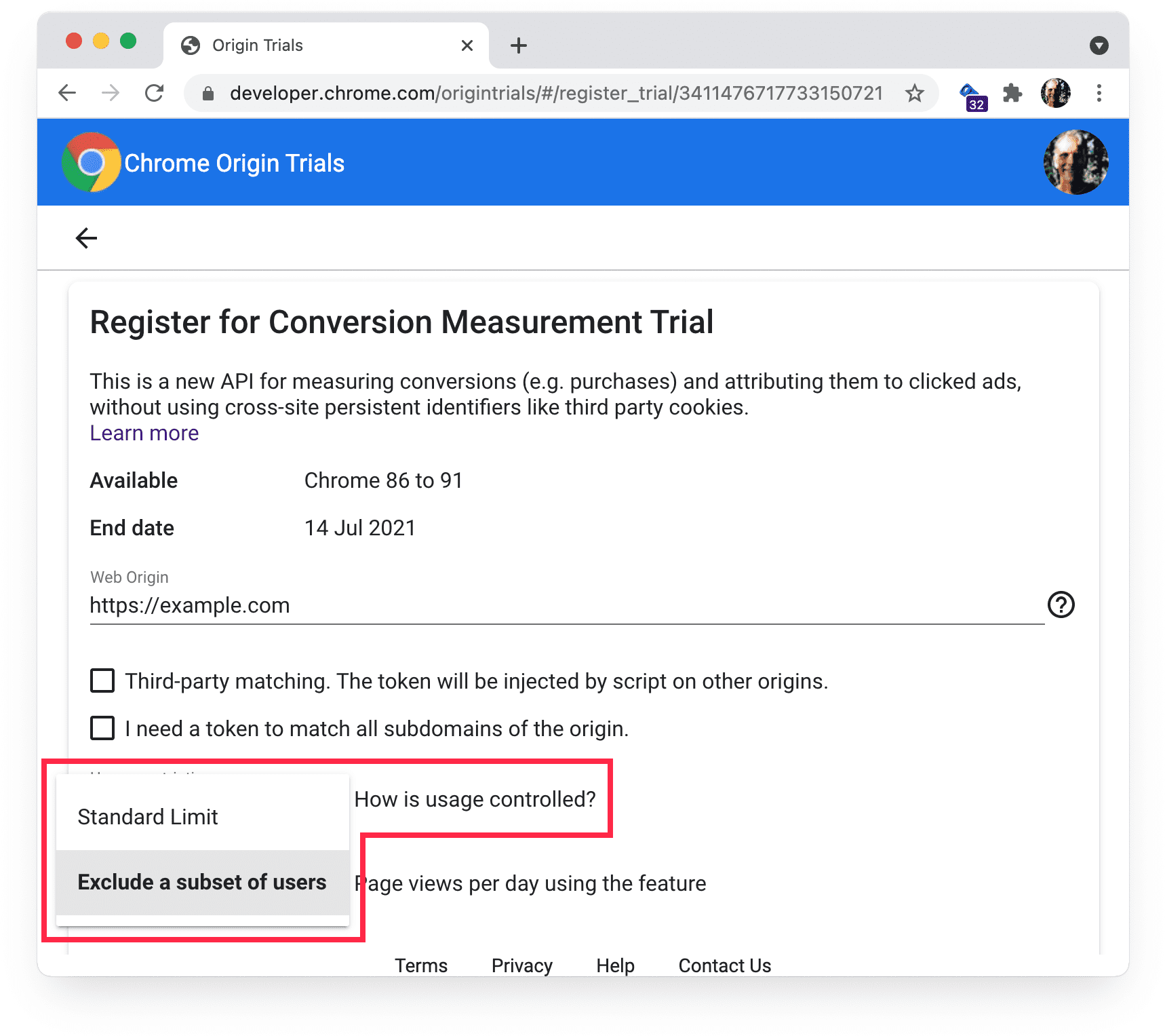 Chrome origin trials 
registration page showing usage restrictions.