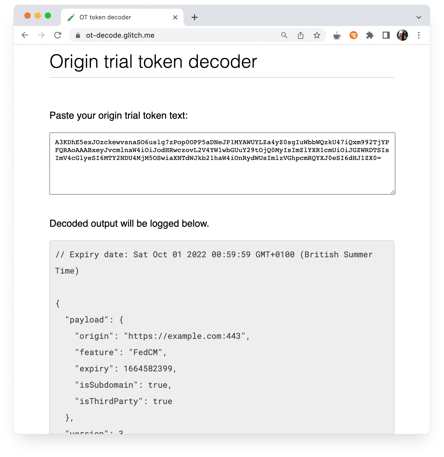 Oorsprongproefdecodertool, toont gedecodeerde oorsprongproefwaarden.