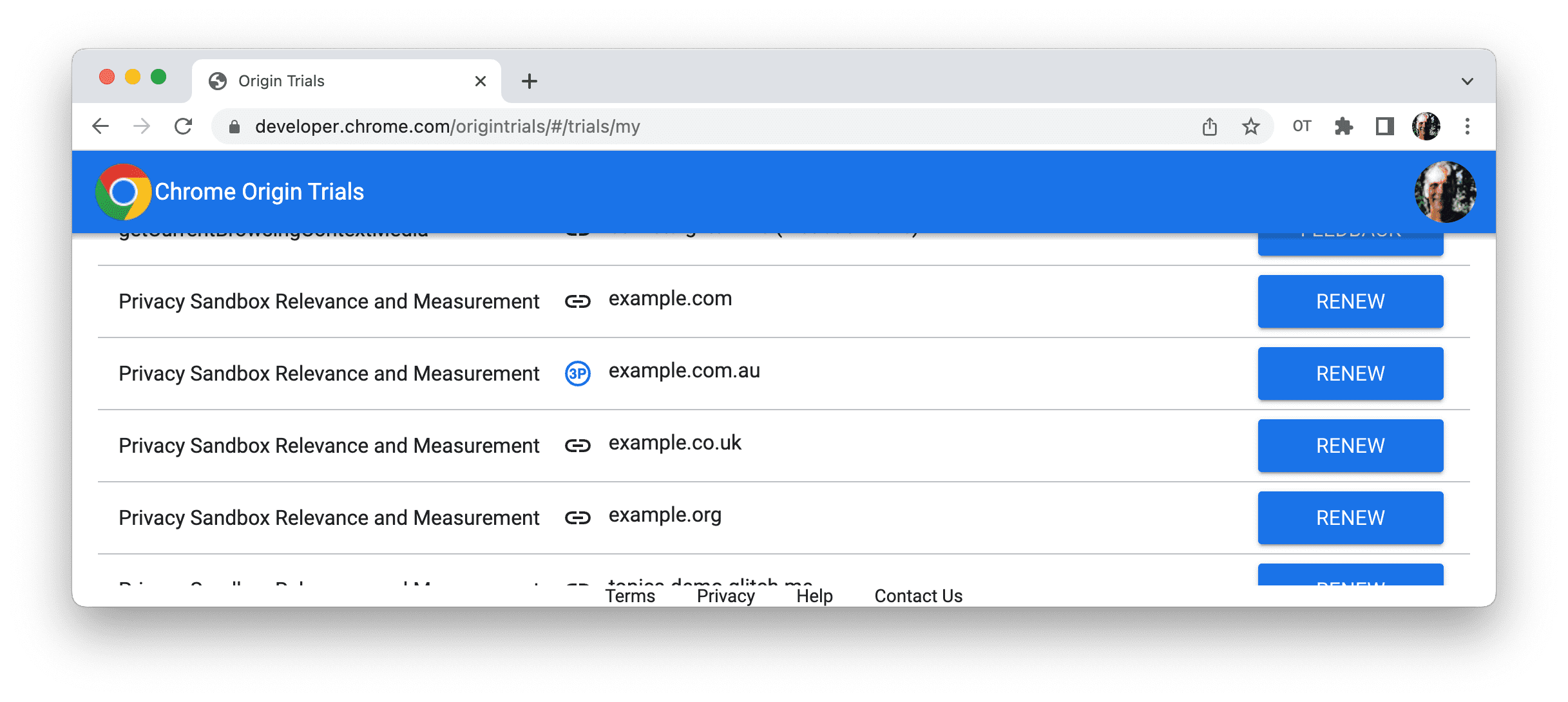 Exemplo da página "Minhas inscrições" com botões "RENOVAR"