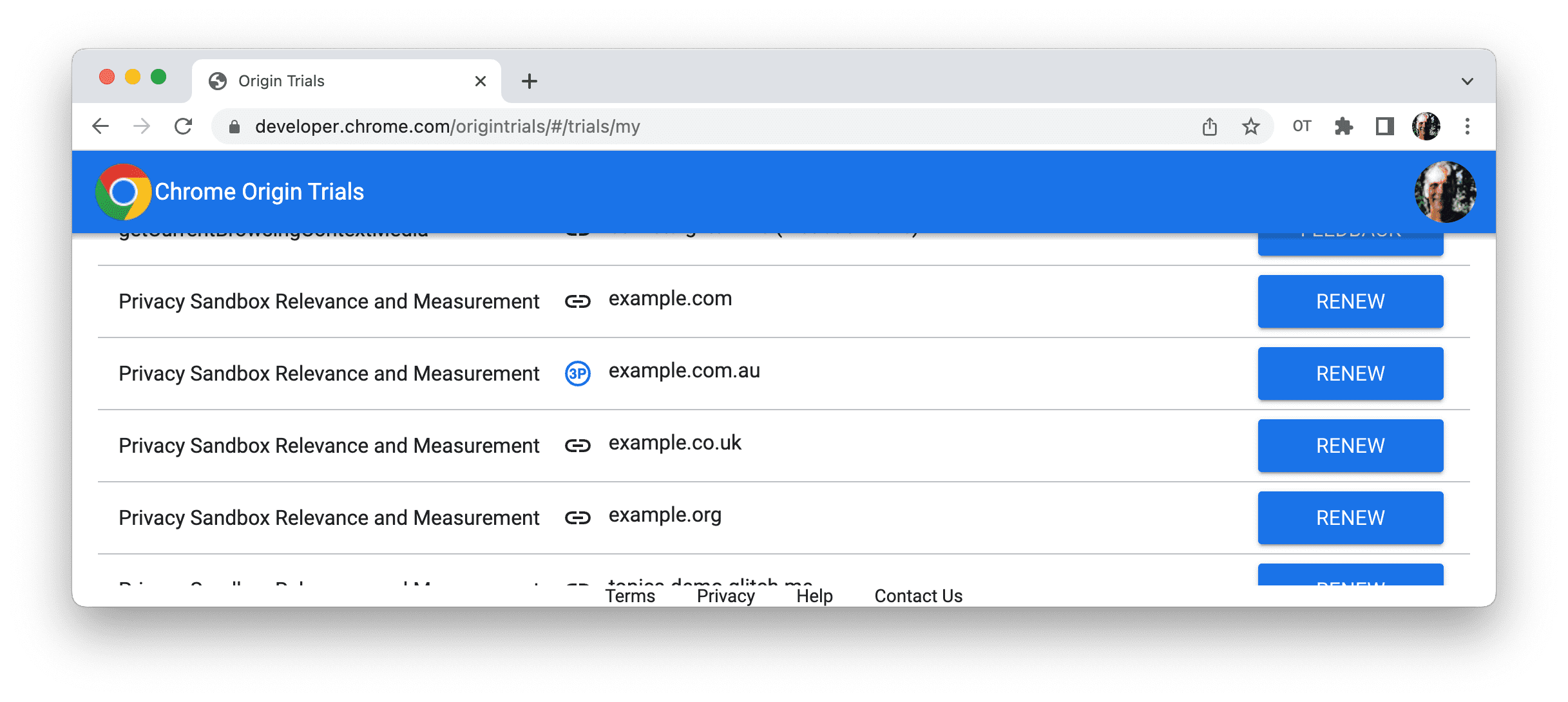 Screenshot der Seite „Meine Registrierungen“ des Chrome-Ursprungstests mit den Schaltflächen „VERLÄNGERN“