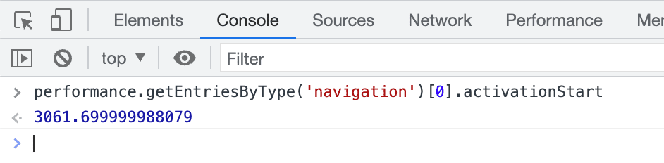 La consola de Chrome DevTools muestra un valor positivo de activationStart que indica que la página se renderizó previamente.