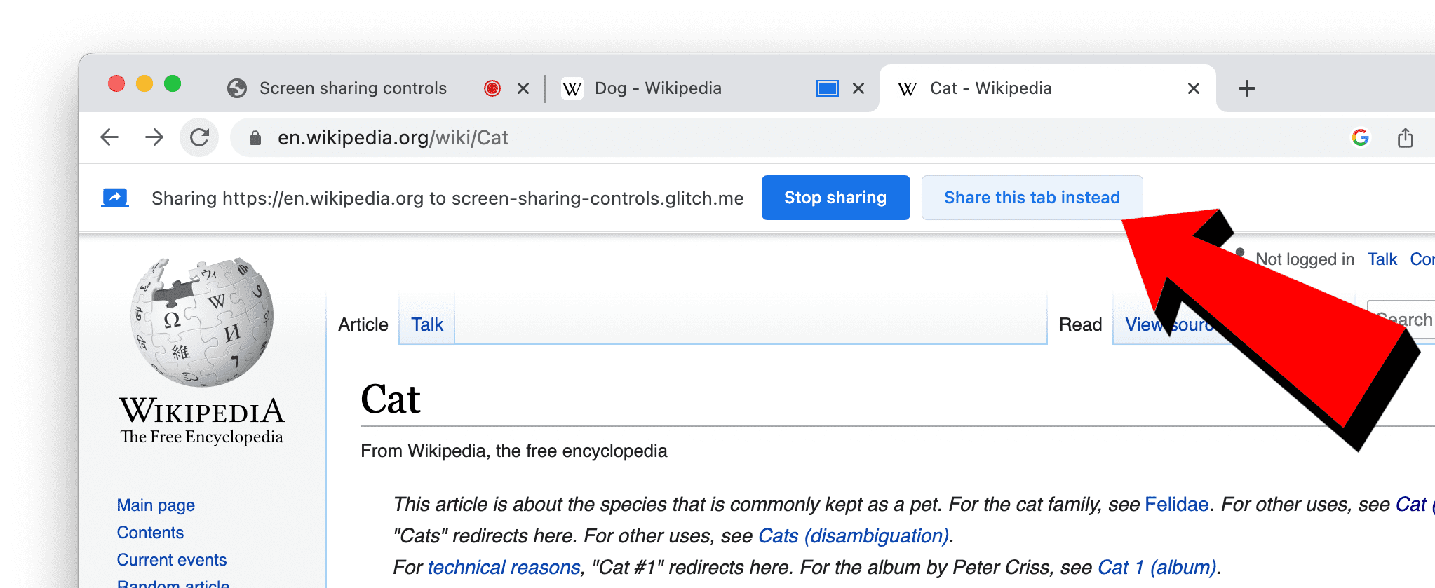 Screenshot of the button used to dynamically switch between sharing different tabs