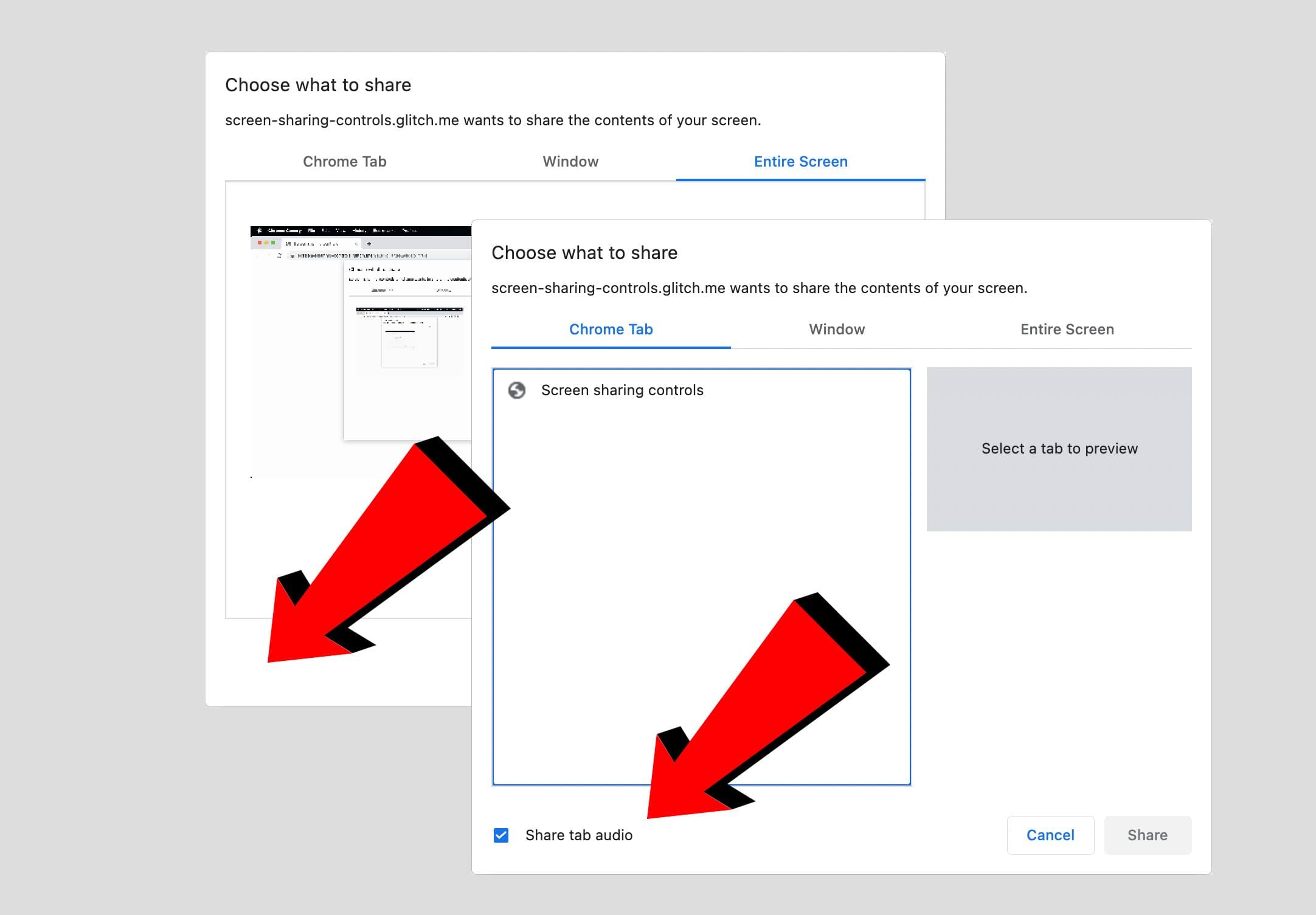 Screenshot di selettori multimediali che mostrano la condivisione dell&#39;audio delle schede