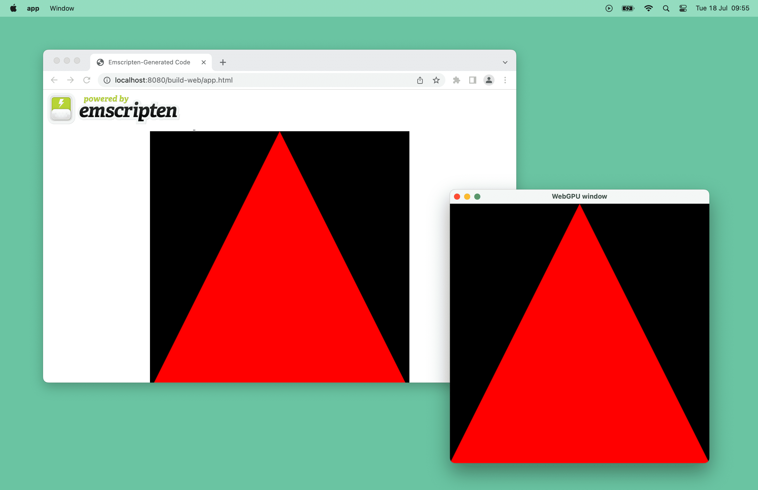 Screenshot eines roten Dreiecks, das von WebGPU gerendert wird, in einem Browserfenster und einem Desktopfenster unter macOS.