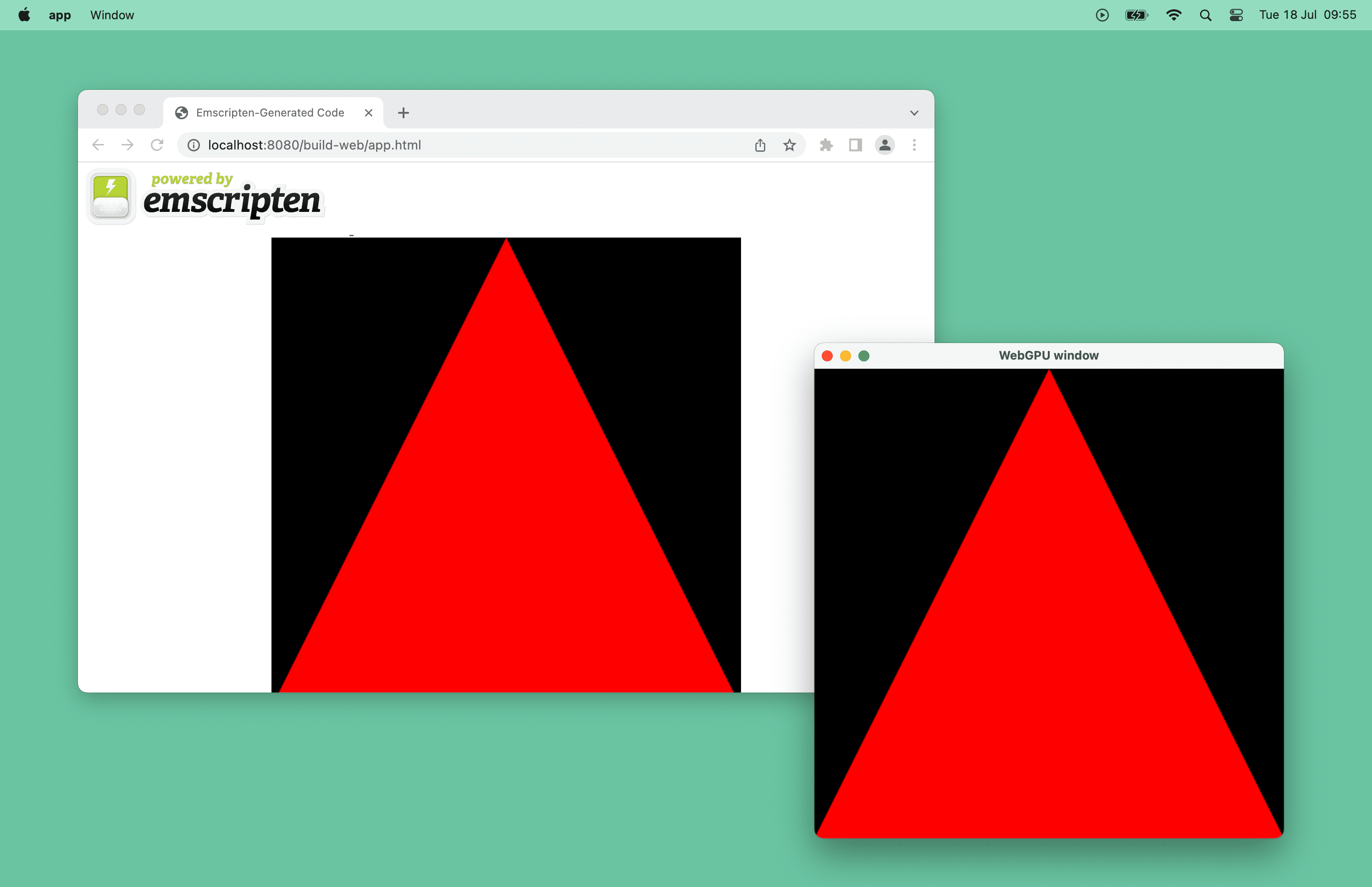 螢幕截圖顯示瀏覽器視窗採用 WebGPU 技術的紅色三角形，以及 macOS 上的桌面視窗。